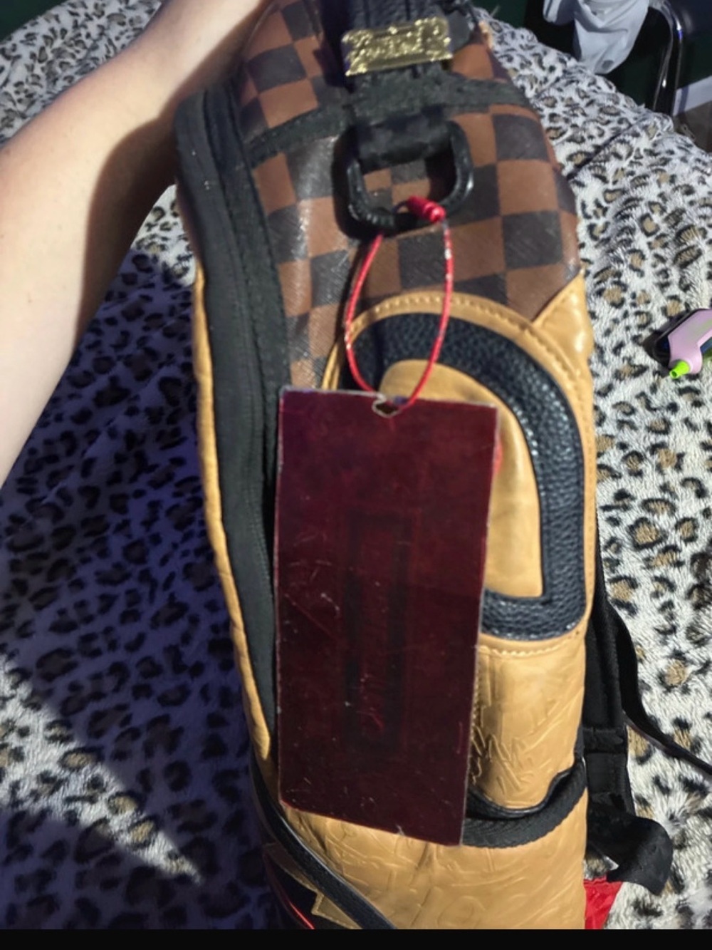 Sprayground Brown Checkerboard & Tan Sling Backpack